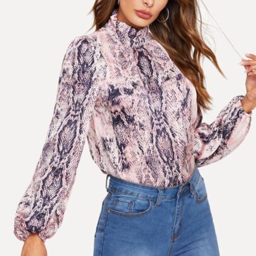 Frilled Neck Snakeskin Print Blouse